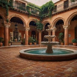 Experience the charm of a classic Spanish courtyard. This serene space features warm terracotta tiles underfoot, a burst of