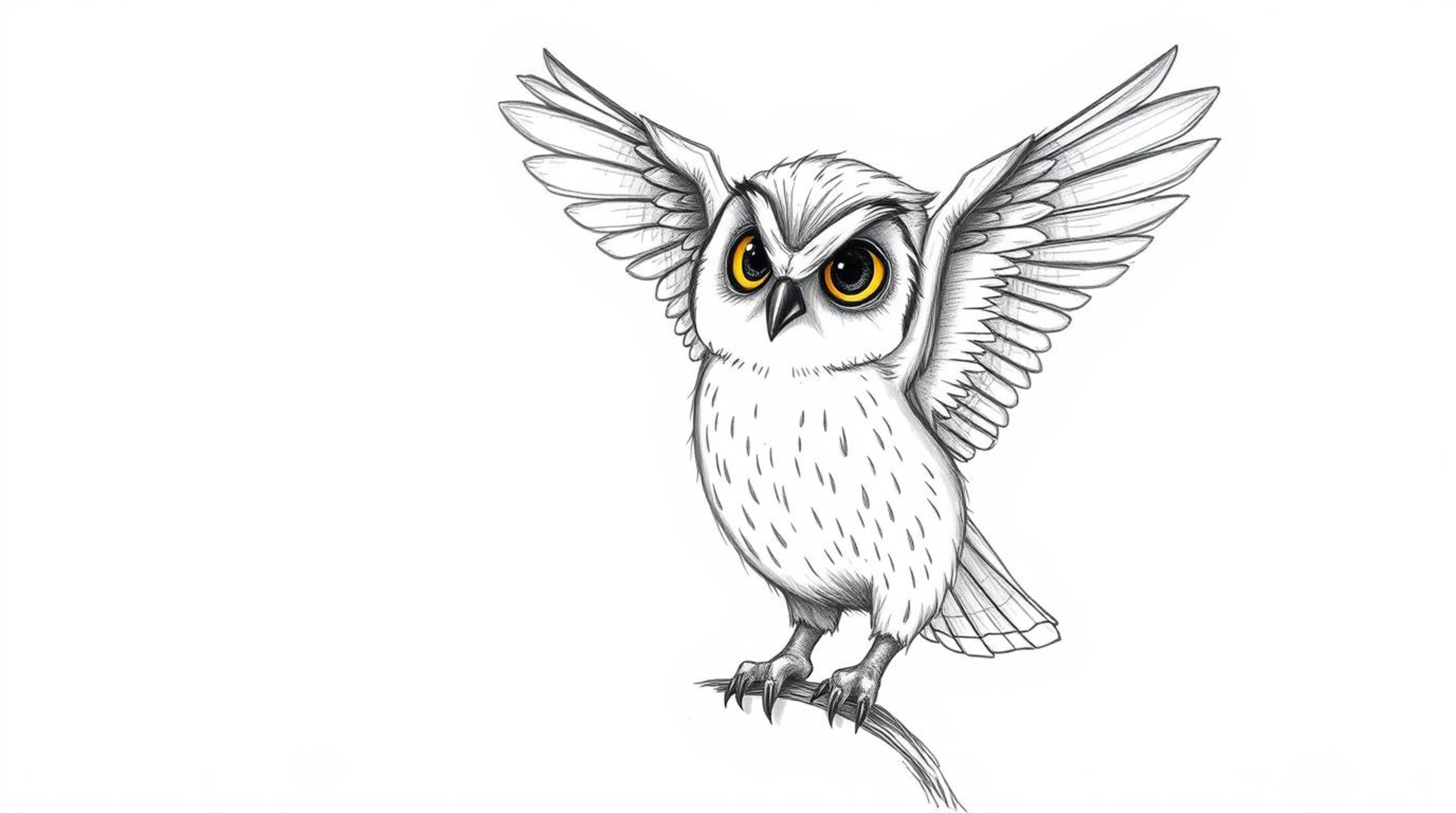 A charming hand-drawn sketch of a Pixar-style blind owl with a gentle expression, teaching birds in flight.  The owl is depic