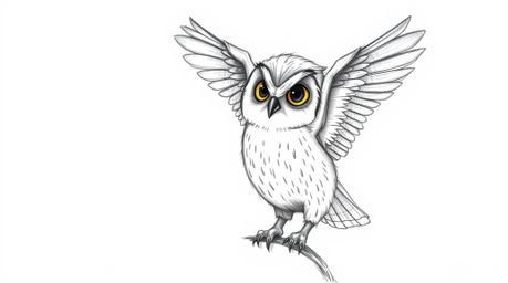 A charming hand-drawn sketch of a Pixar-style blind owl with a gentle expression, teaching birds in flight.  The owl is depic