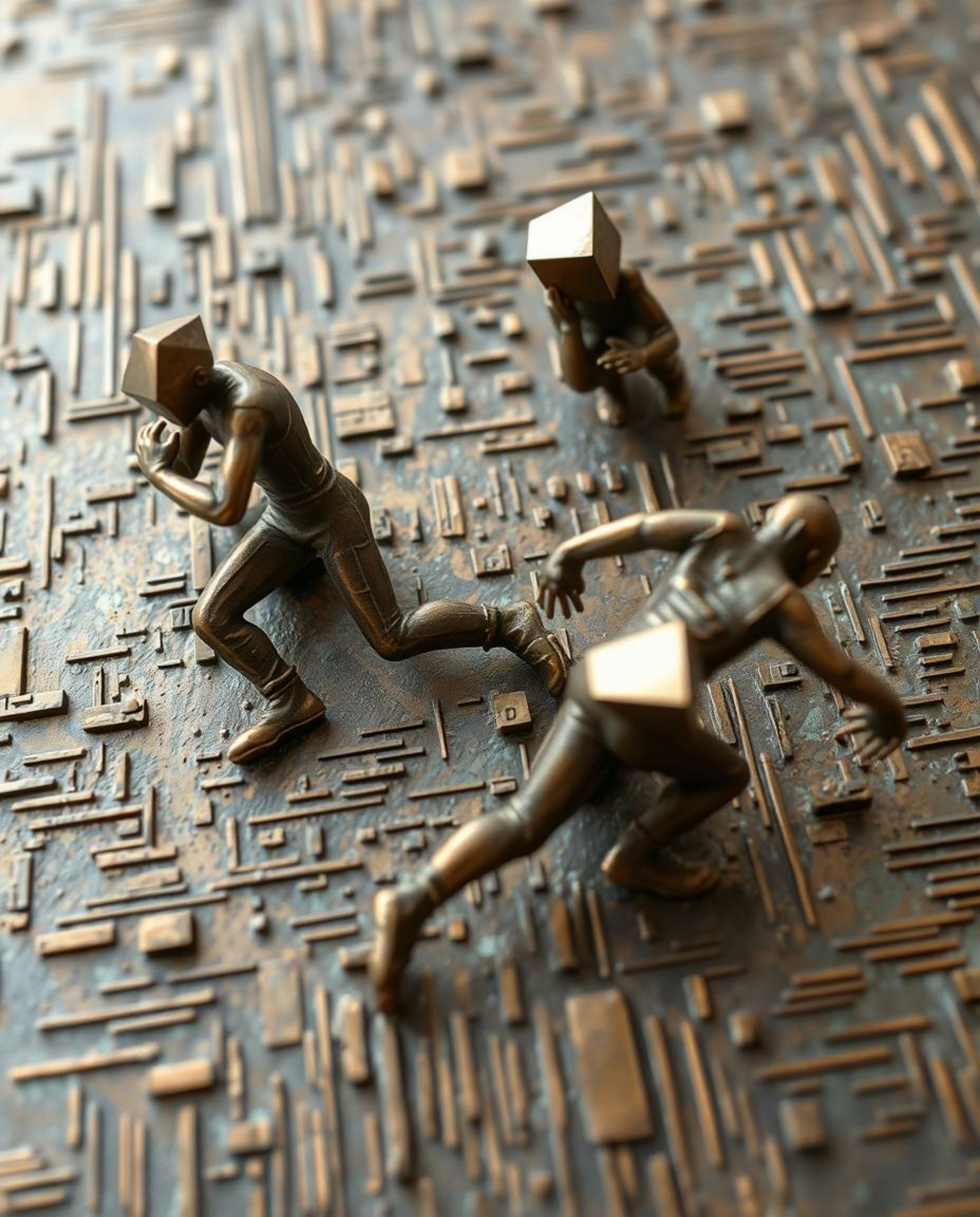 This dynamic cast bronze sculpture captures the essence of a cyberspace matrix with glitched geometric shapes in blurred moti