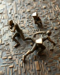 This dynamic cast bronze sculpture captures the essence of a cyberspace matrix with glitched geometric shapes in blurred moti