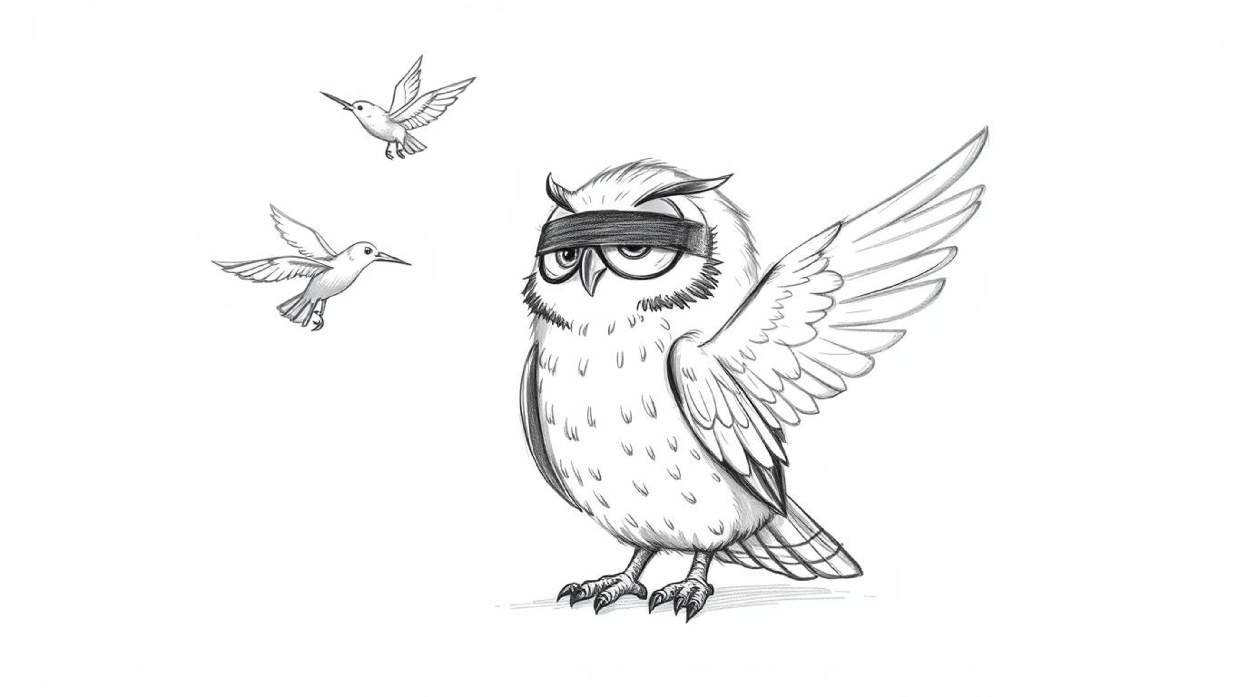 A heartwarming hand-drawn sketch in Pixar style depicts a blind owl with textured pencil stroke feathers, compassionately tea