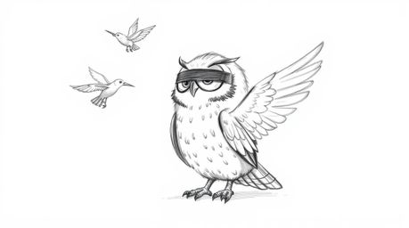A heartwarming hand-drawn sketch in Pixar style depicts a blind owl with textured pencil stroke feathers, compassionately tea