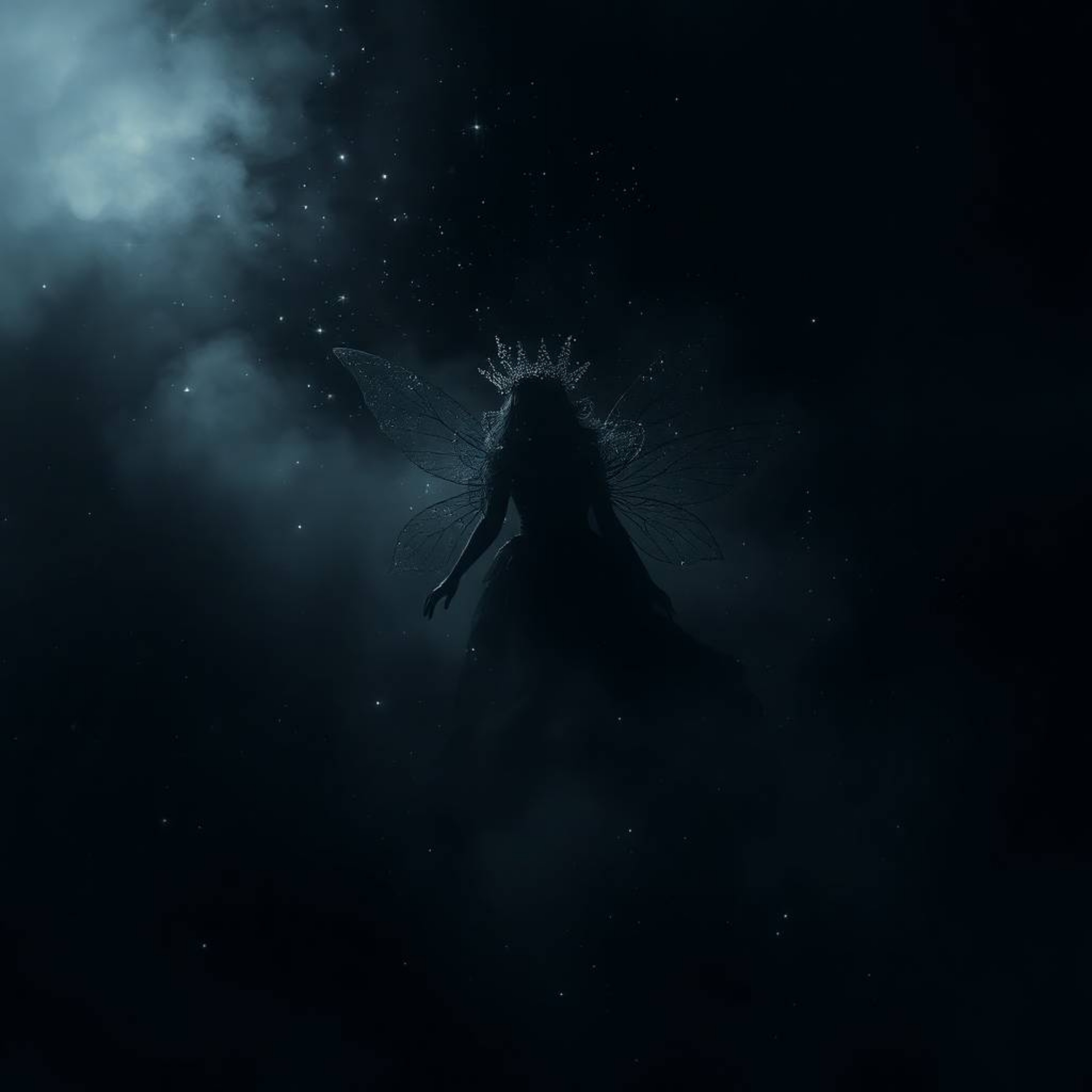 A mysterious fairy godmother, barely perceptible in a dense fog, materializes from a swirling vortex of jet-black sparkles.