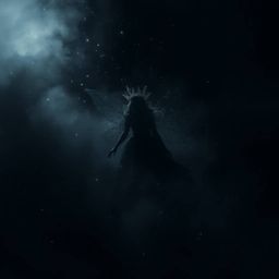 A mysterious fairy godmother, barely perceptible in a dense fog, materializes from a swirling vortex of jet-black sparkles.