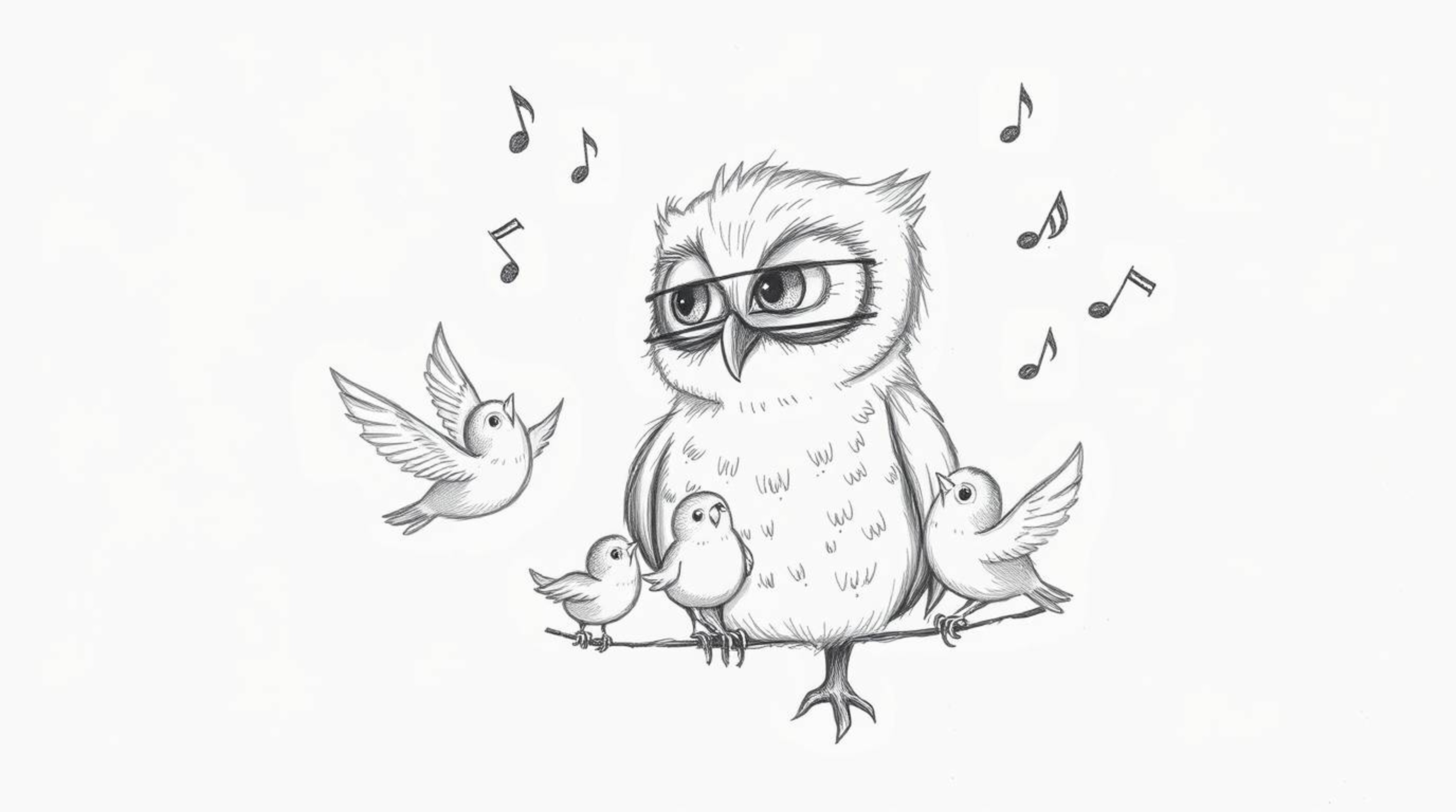 A heartwarming hand-drawn sketch in the style of Pixar depicts a blind owl with soft, feathery textures gently guiding small 