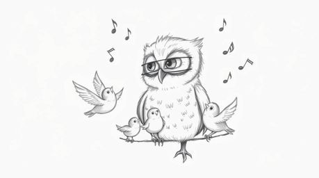 A heartwarming hand-drawn sketch in the style of Pixar depicts a blind owl with soft, feathery textures gently guiding small 