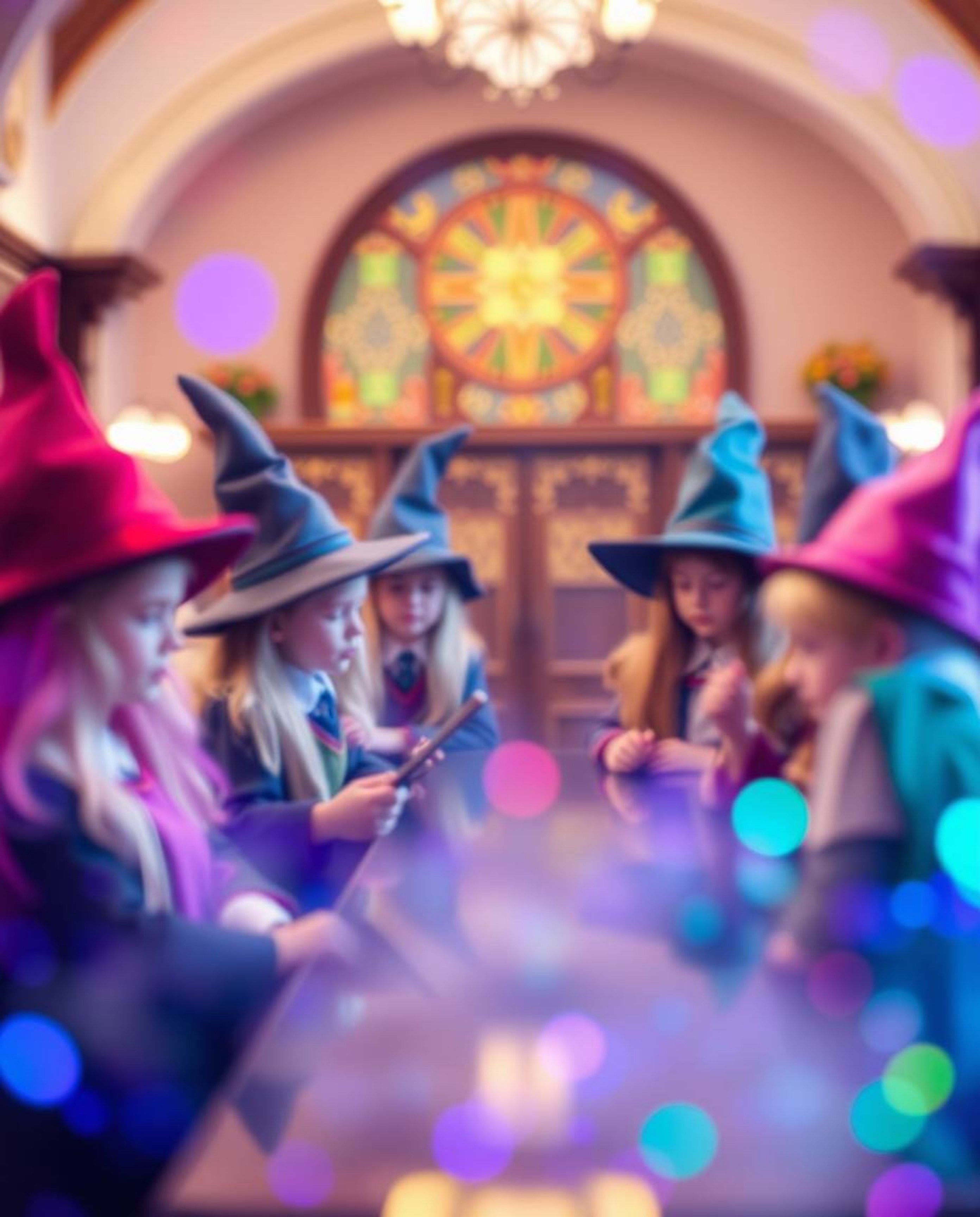 A magical school filled with young wizards is sharply focused against a soft background, showcasing an iridescent color overl