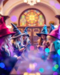 A magical school filled with young wizards is sharply focused against a soft background, showcasing an iridescent color overl
