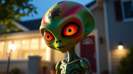 An adorable, charming alien with vivid electric colors finds itself living in an unexpected setting: a suburban house. Bathed