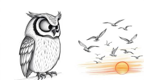 A charming hand-drawn pencil sketch depicts a blind owl, rendered in a Pixar-esque style, teaching a diverse class of flying 