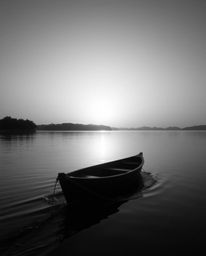 A classic black and white, high-contrast image of a boat drifting on a lake at sunset. The intense, dramatic lighting creates
