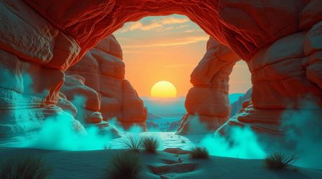 Experience a dreamlike, surreal landscape featuring a warm terracotta and cool teal color palette. This fantastical scene dep