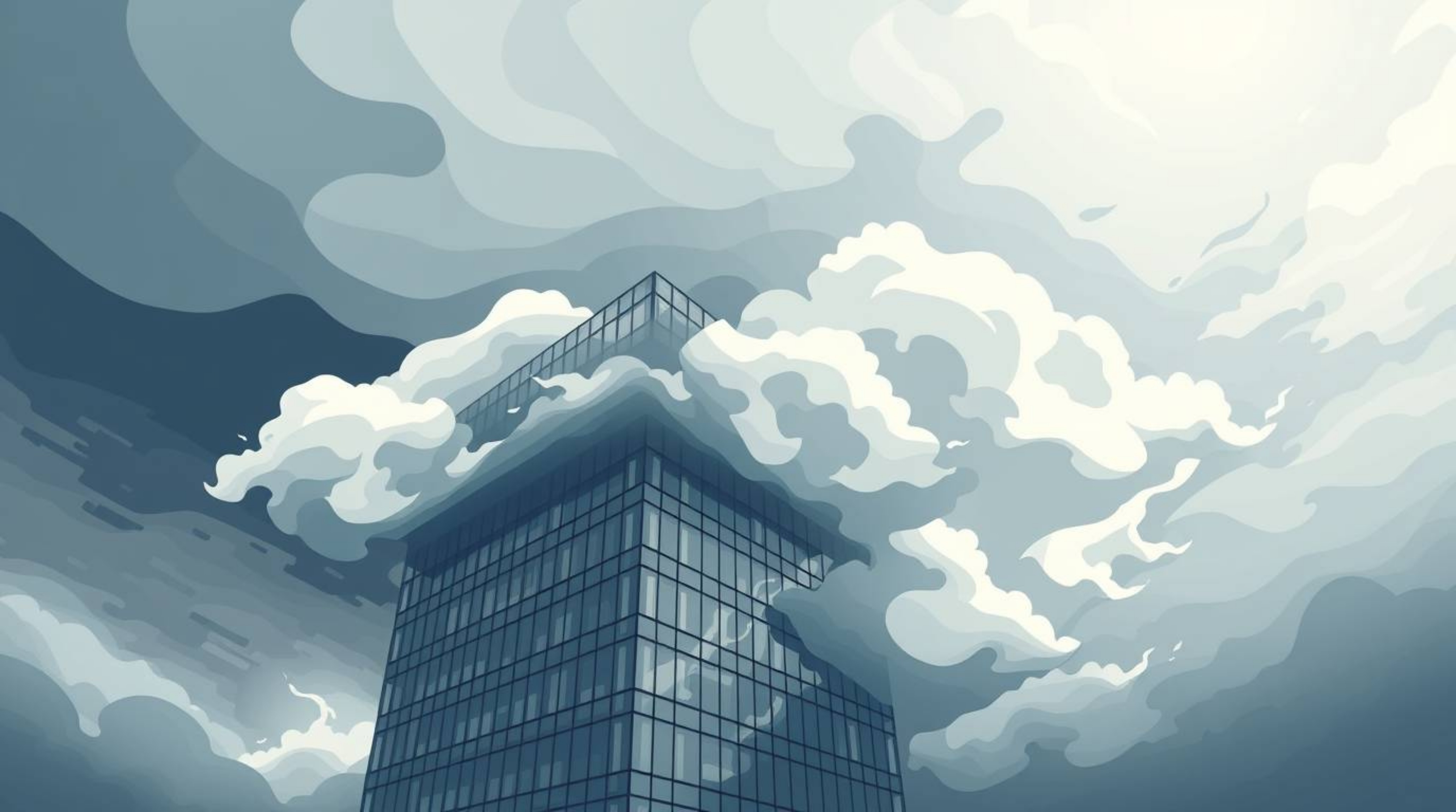 A modern flat design illustration showcasing a glass building seamlessly dissolving into a dramatic, stormy sky. The clouds a