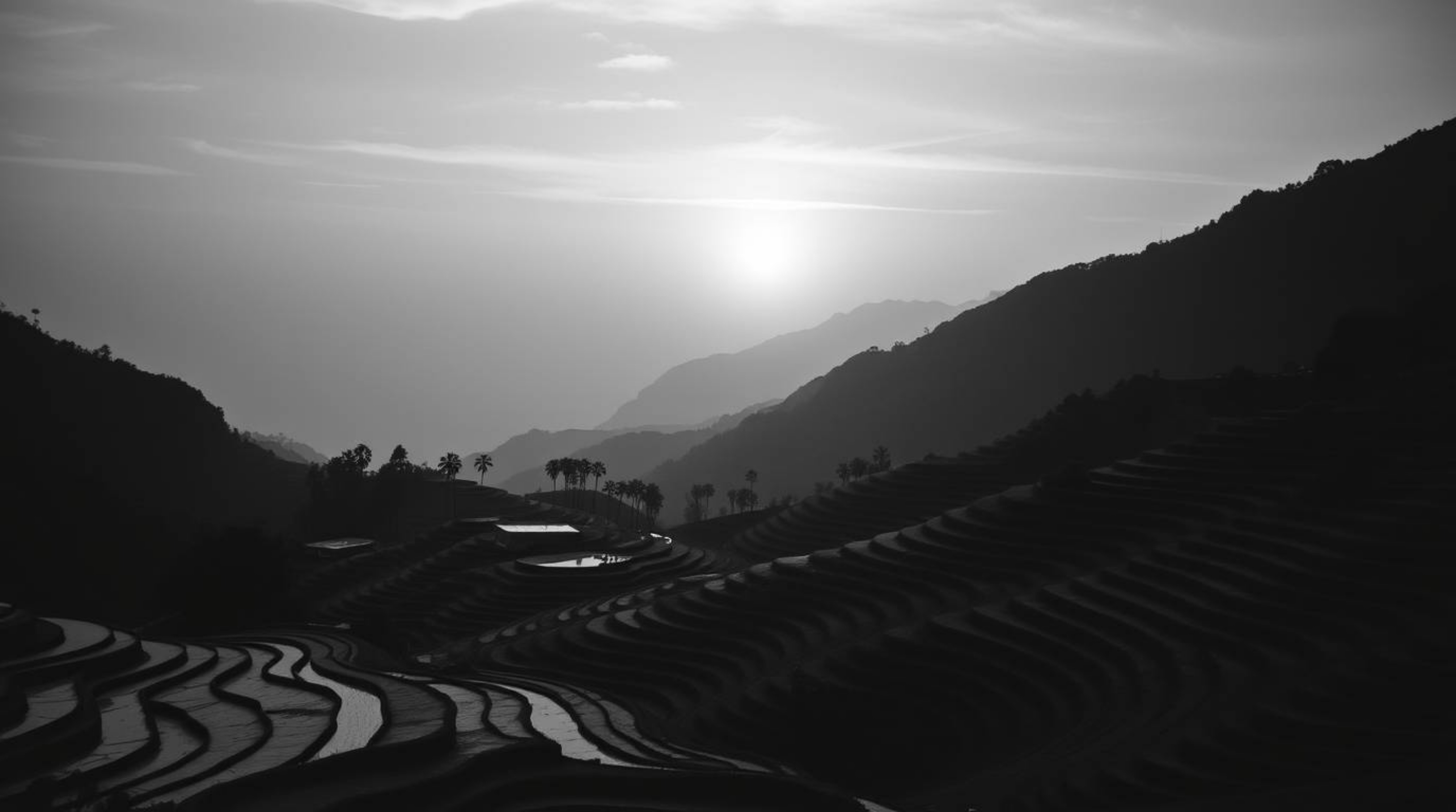 A timeless black and white photograph showcasing an elegant composition of a sunset over rice terraces in a mountainous lands