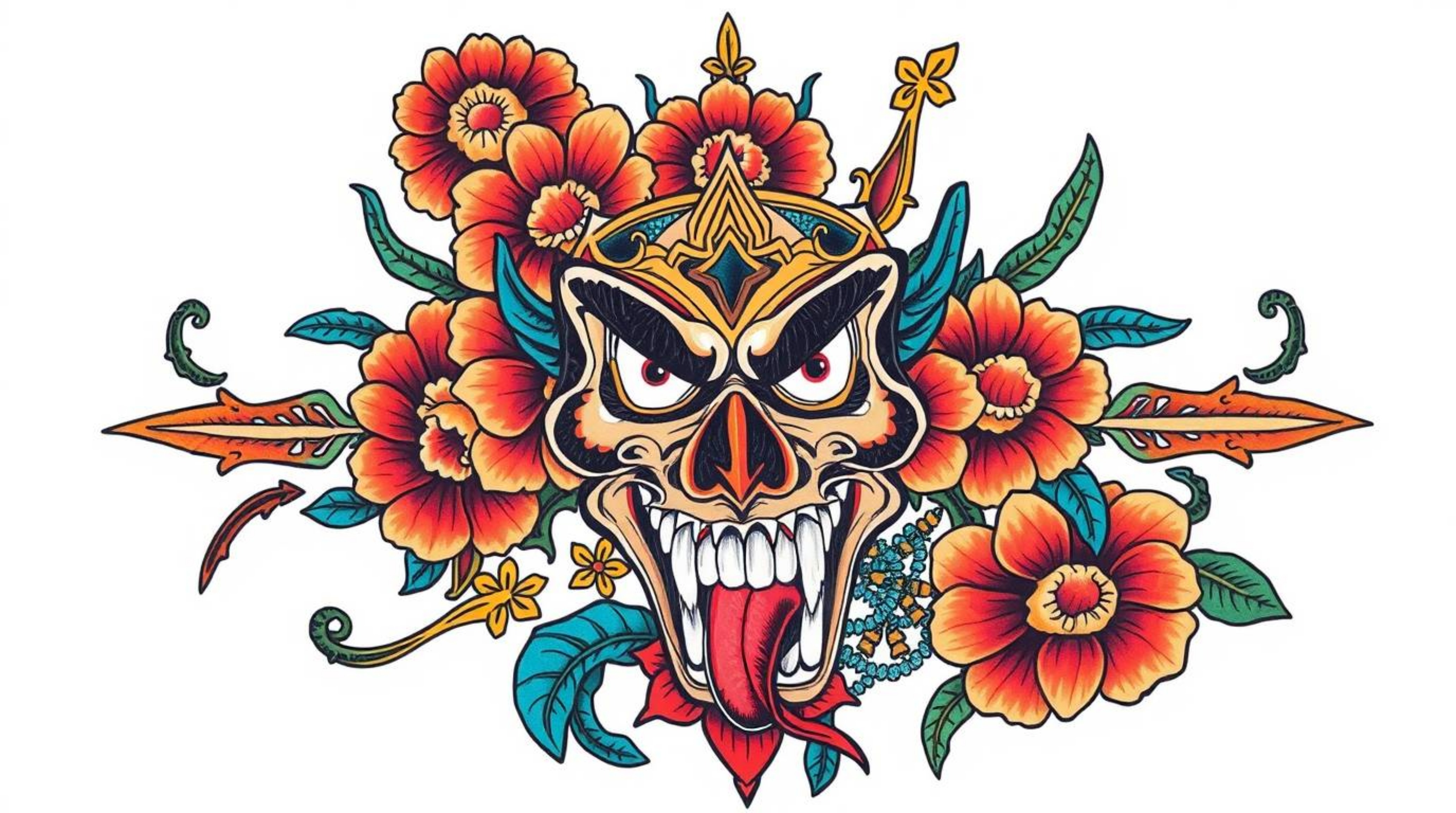 This collection features a traditional tattoo art print with a captivating overhead bird's-eye view, boasting vibrant colors 