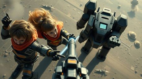 Witness a thrilling high-angle perspective of three superpowered children engaged in an epic battle against a formidable robo