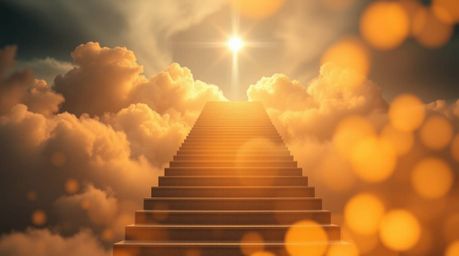 A surreal stairway ascends through smoky clouds toward a celestial light, bathed in a warm golden glow from blurred candlelig