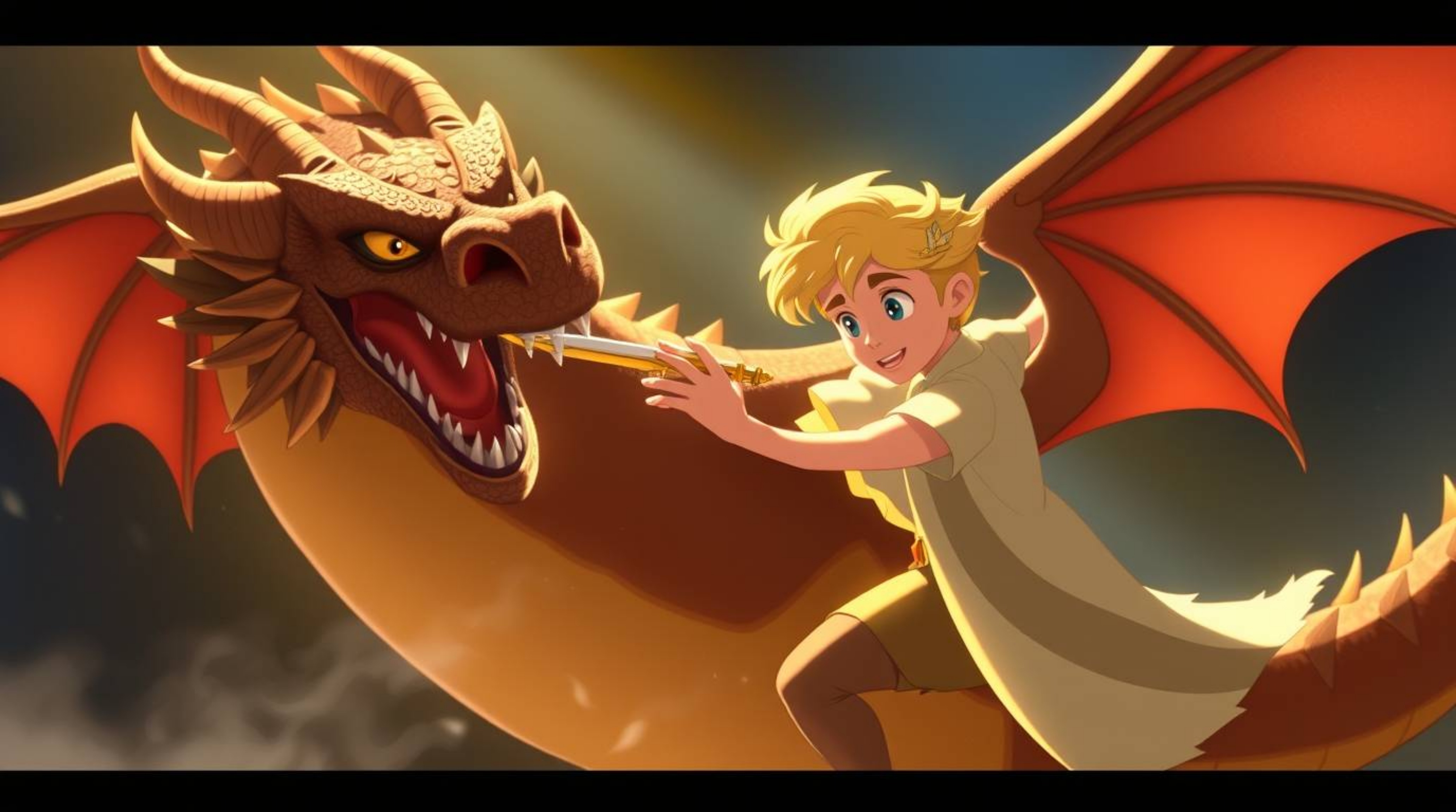 A captivating image depicting a charming prince with fair skin battling a formidable dragon, rendered in a nostalgic 1950s an