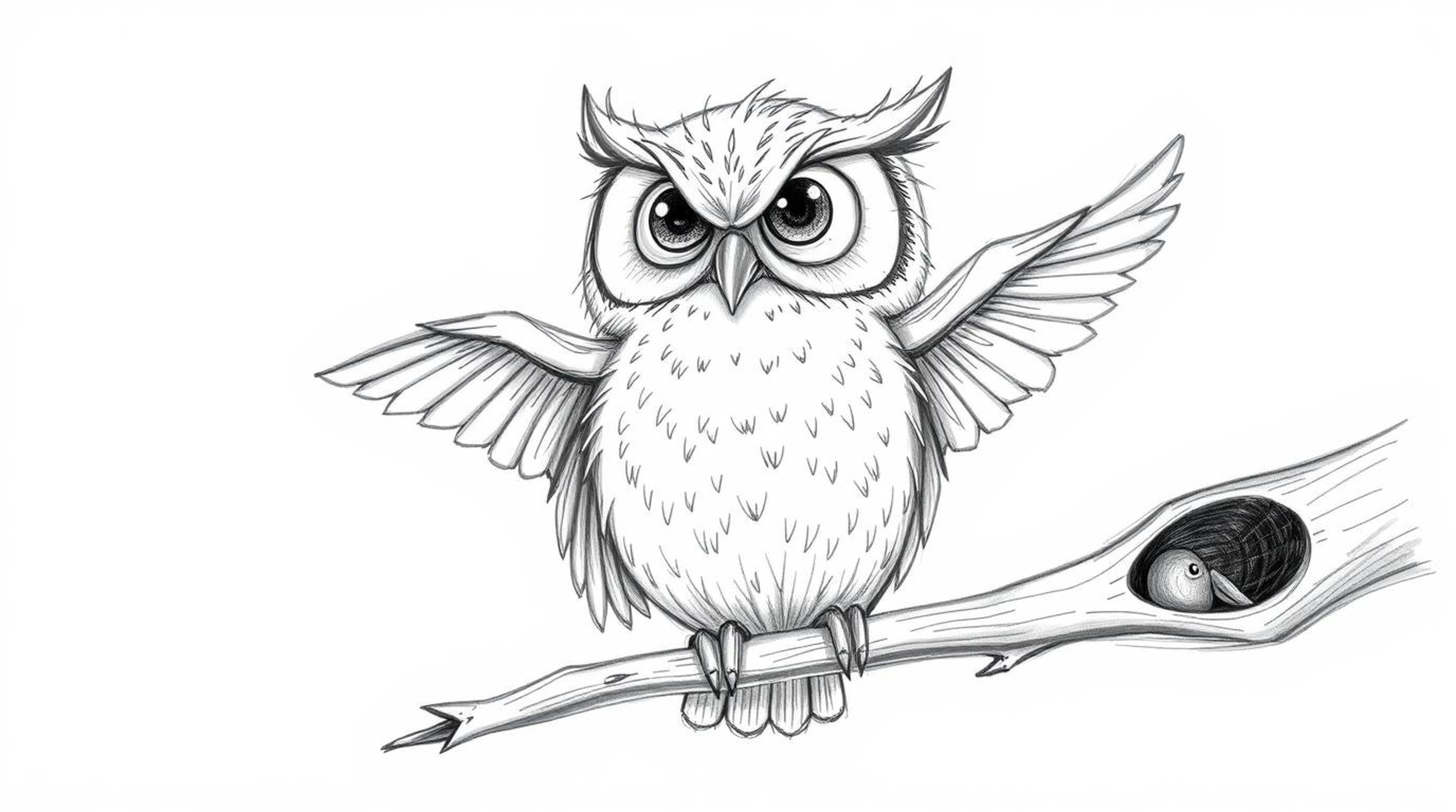 This hand-drawn sketch in a Pixar style depicts a heartwarming scene of a blind owl with large, expressive eyes guiding birds