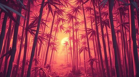 Explore a surreal infrared image of an intricate origami bamboo forest bathed in warm sunset light. This otherworldly scene s