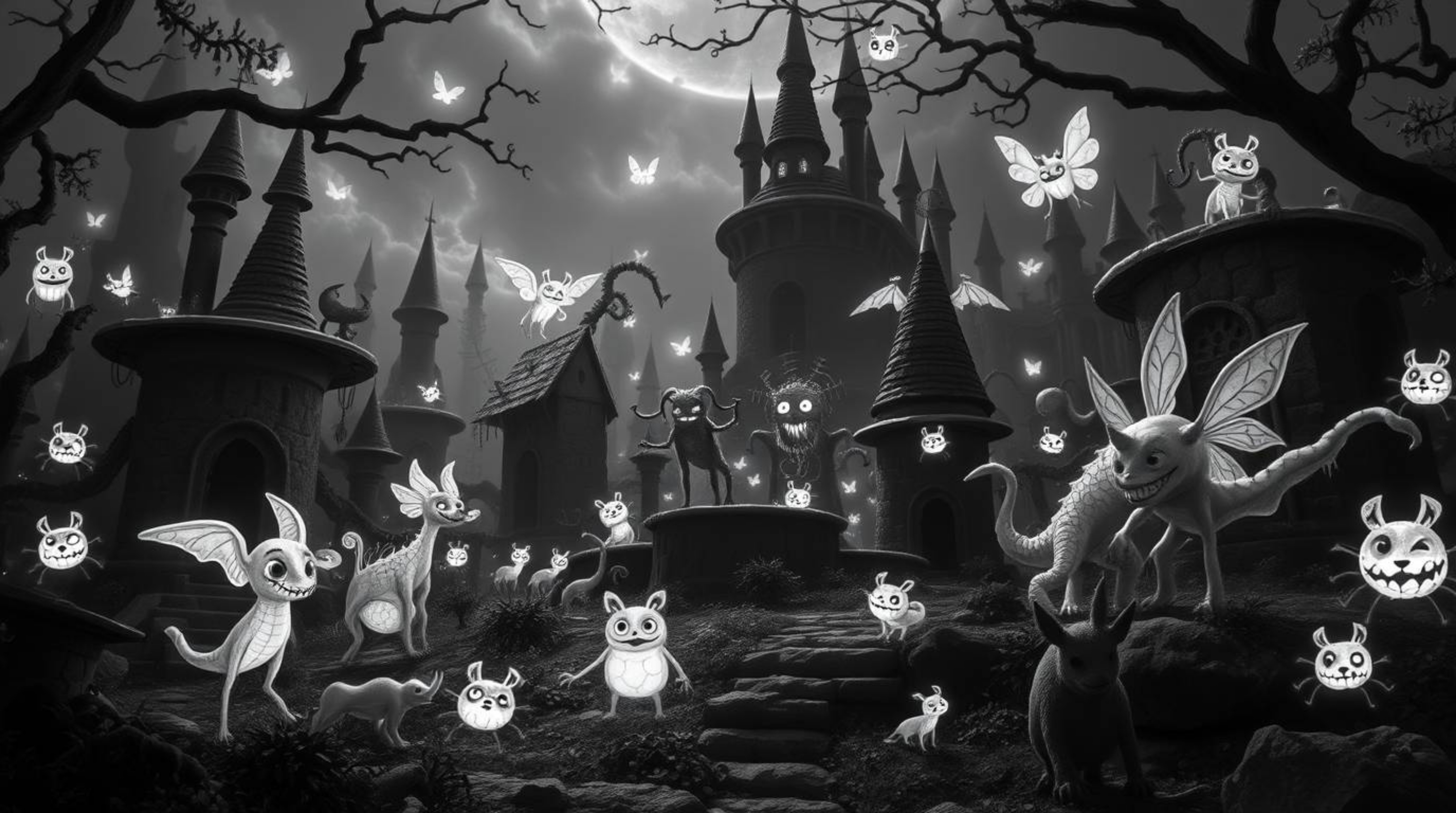 Explore a captivating black and white fantasy kingdom teeming with quirky magical creatures and glowing bioluminescent effect