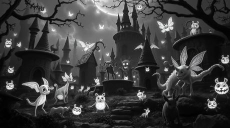 Explore a captivating black and white fantasy kingdom teeming with quirky magical creatures and glowing bioluminescent effect