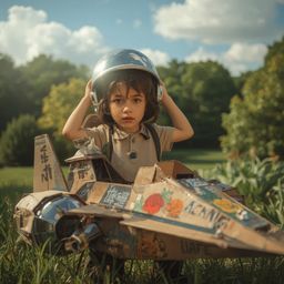 A captivating image capturing the innocence and boundless imagination of childhood.  A young boy, with bright, curious eyes a