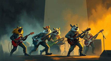 A dynamic digital sketch depicts a vibrant rock band composed of cartoon animals.  The artwork showcases loose painterly stro