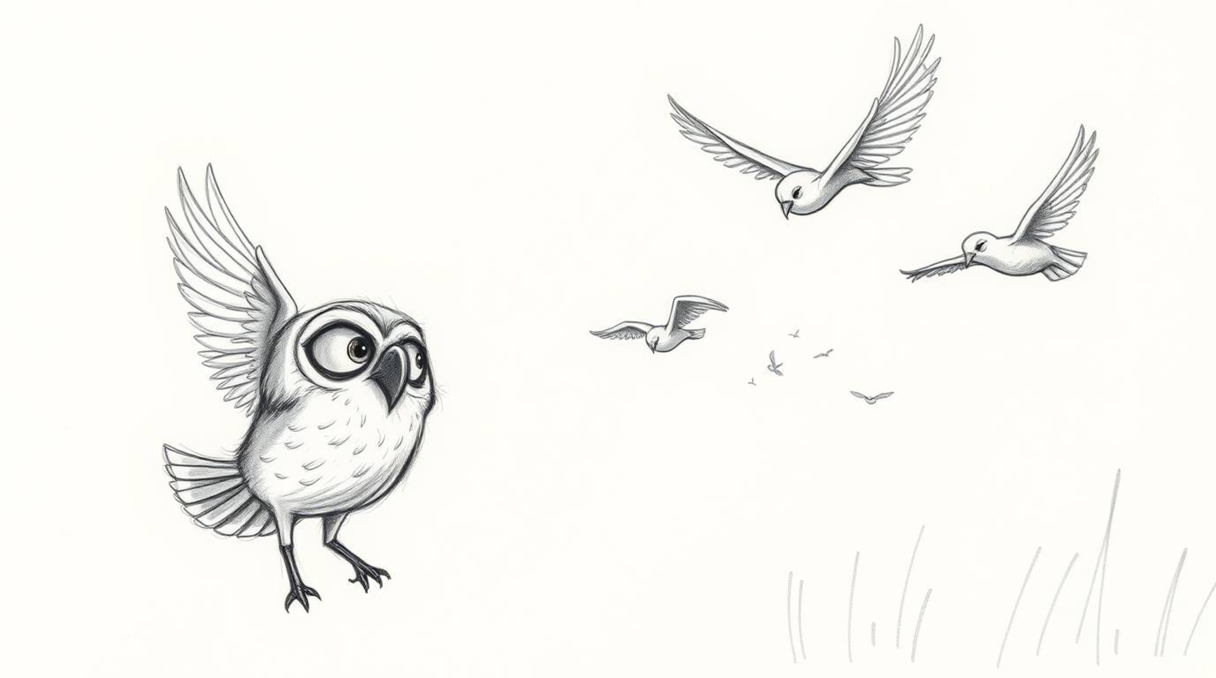 A captivating hand-drawn sketch in the style of Pixar depicts a wise, blind owl with soft feathers patiently teaching a flock