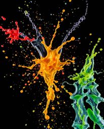 This stunning high-angle photograph captures dynamic and colorful splashes frozen in time against a stark black background. T