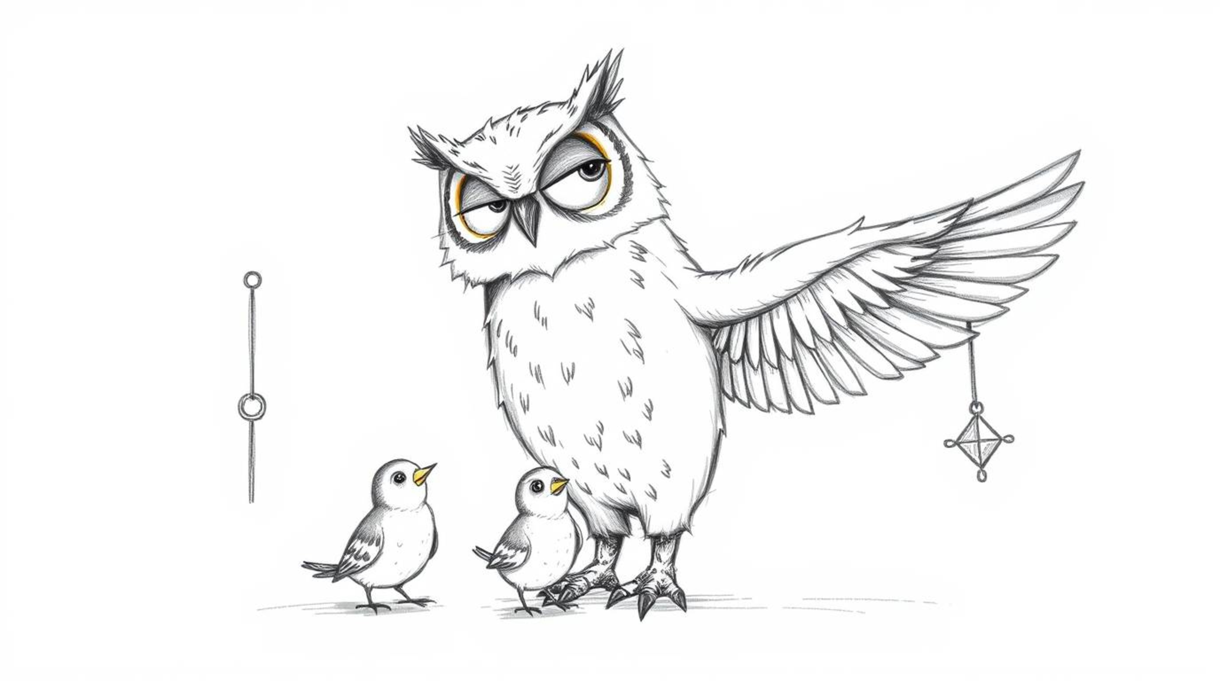 A heartwarming hand-drawn sketch in the style of Pixar depicts a gentle, blind owl with soft, feathery textures ingeniously t
