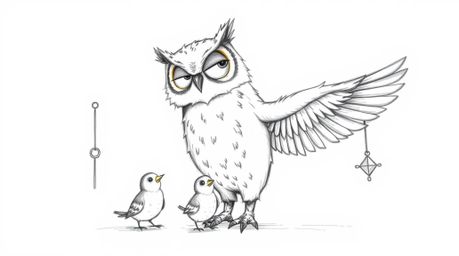 A heartwarming hand-drawn sketch in the style of Pixar depicts a gentle, blind owl with soft, feathery textures ingeniously t