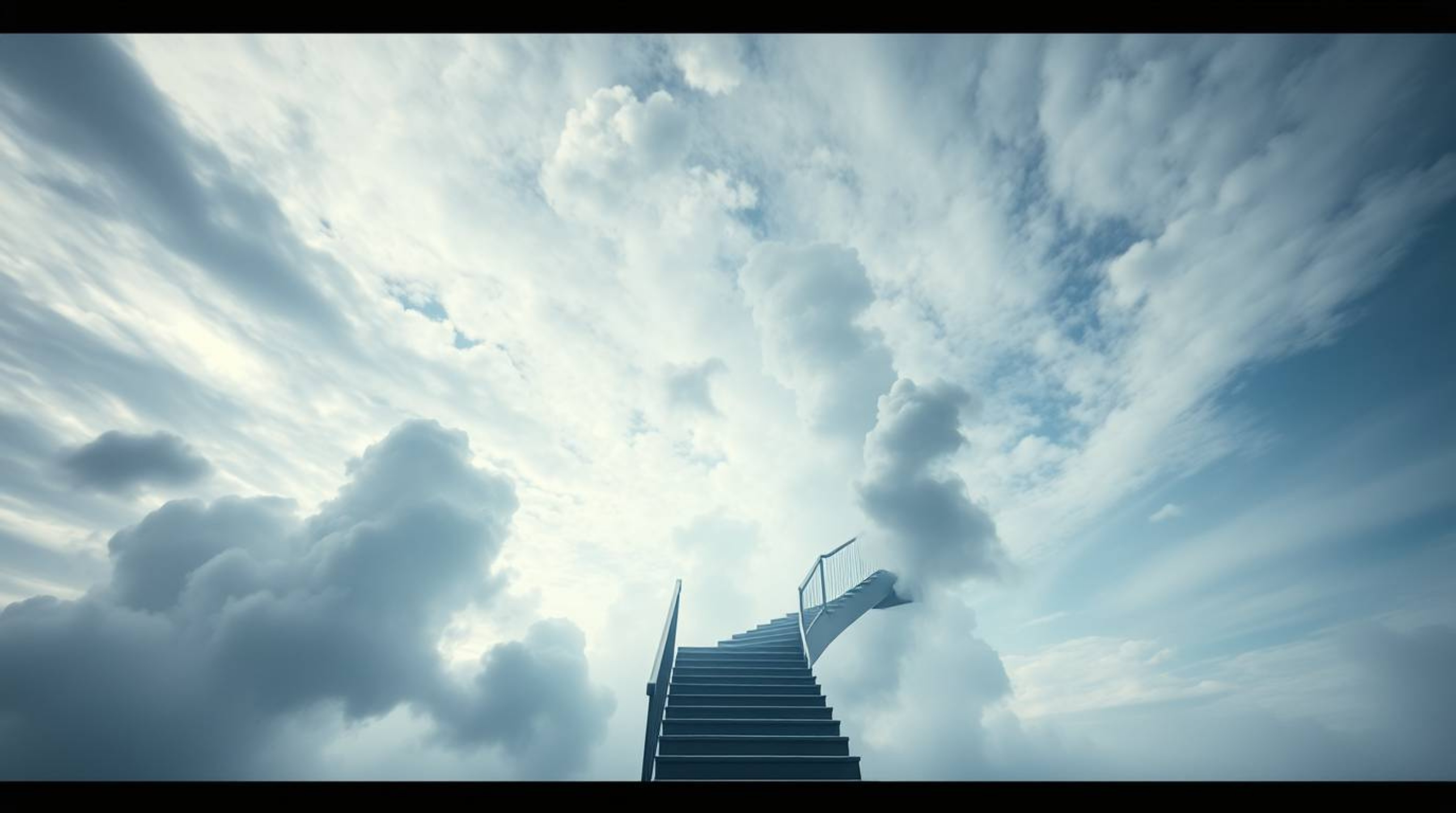 An architectural photograph capturing a winding stairway of smoke and light gracefully ascending into a vast, cloudy sky.  Th