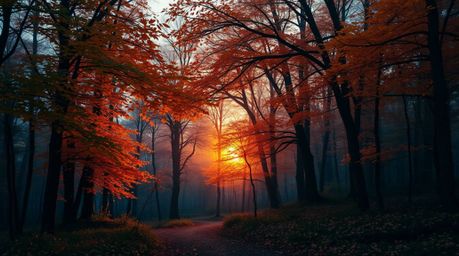 A dreamlike, surreal autumn forest scene unfolds at sunset.  Golden leaves are illuminated by the warm light, creating a fant
