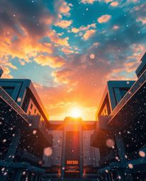 An epic, wide shot captures snowflakes falling during a vibrant sunset against the backdrop of modern futuristic architecture
