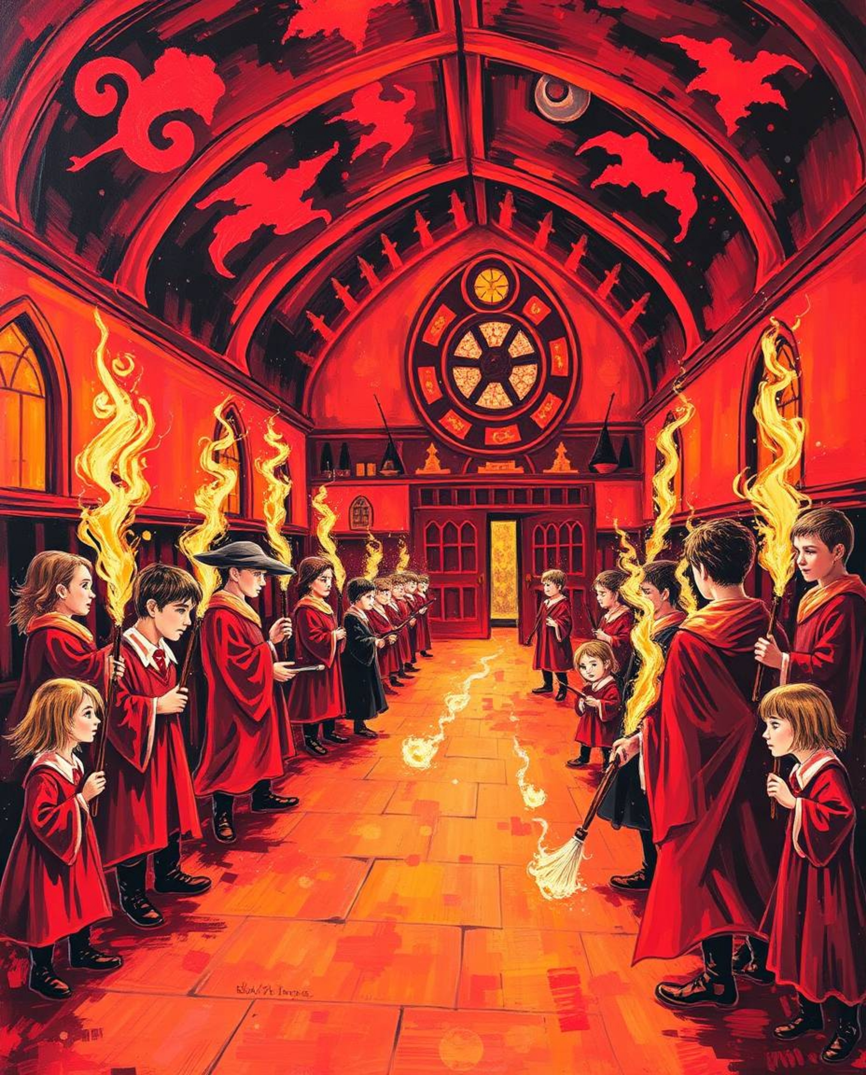 A captivating bold acrylic painting depicting a magical school brimming with young wizards.  The artwork features warm reds, 