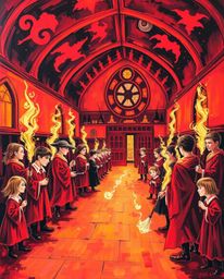 A captivating bold acrylic painting depicting a magical school brimming with young wizards.  The artwork features warm reds, 
