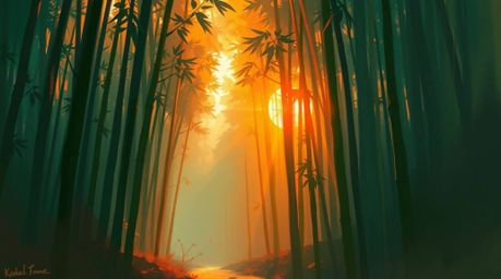 Experience the serenity of a dynamic digital sketch depicting a bamboo forest bathed in the warm glow of a vibrant sunset. Th