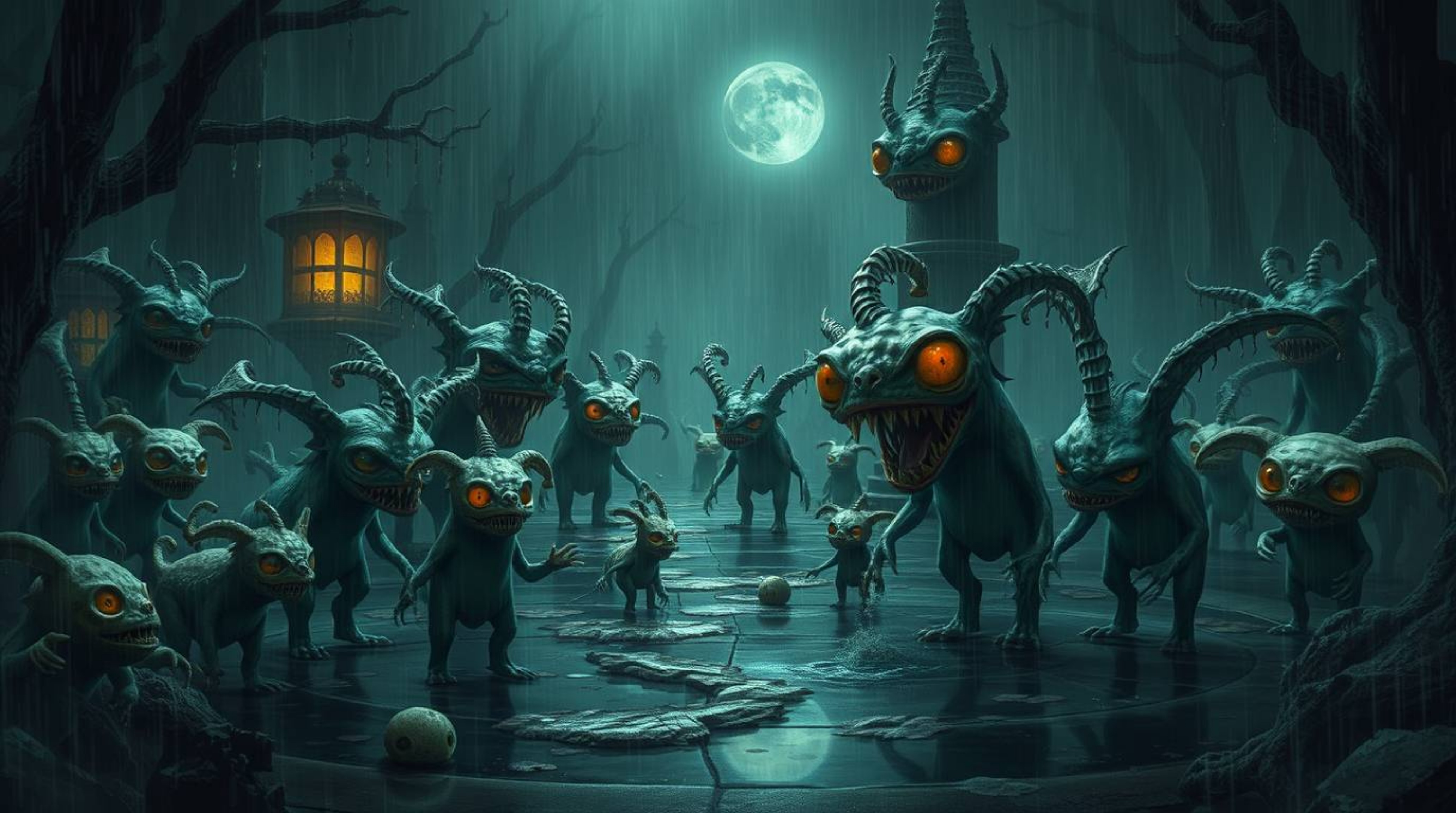 Immerse yourself in a fantasy kingdom teeming with quirky magical creatures, portrayed in a chilling, rain-soaked scene. This