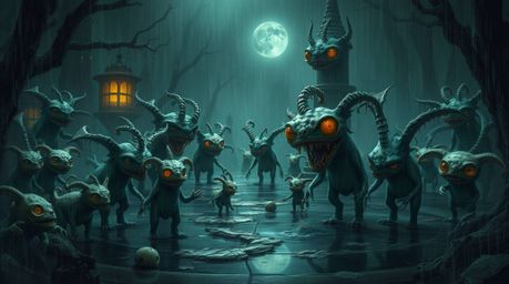 Immerse yourself in a fantasy kingdom teeming with quirky magical creatures, portrayed in a chilling, rain-soaked scene. This