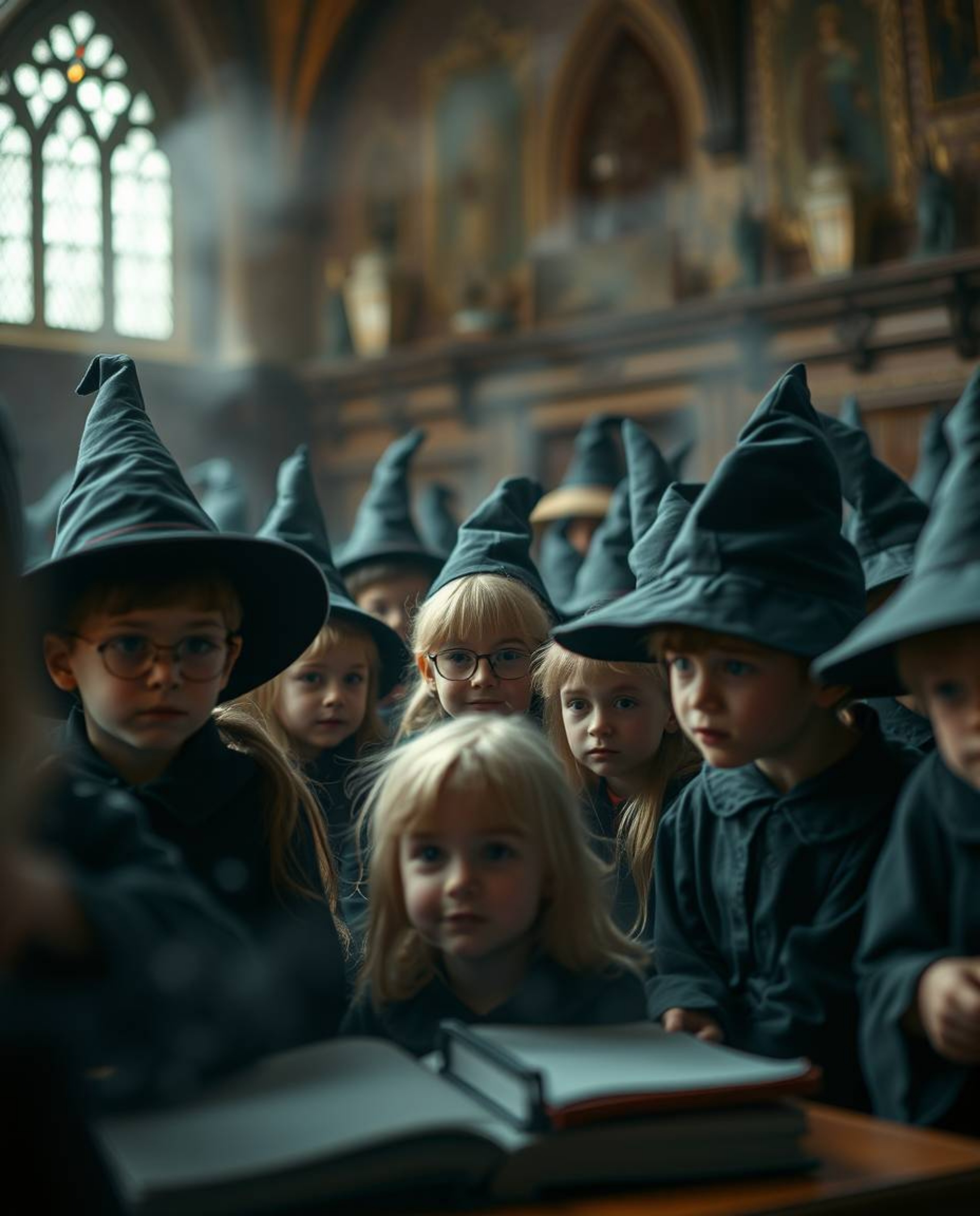 This captivating image offers a tight close-up view of a magical school teeming with young wizards. The soft focus and hazy b