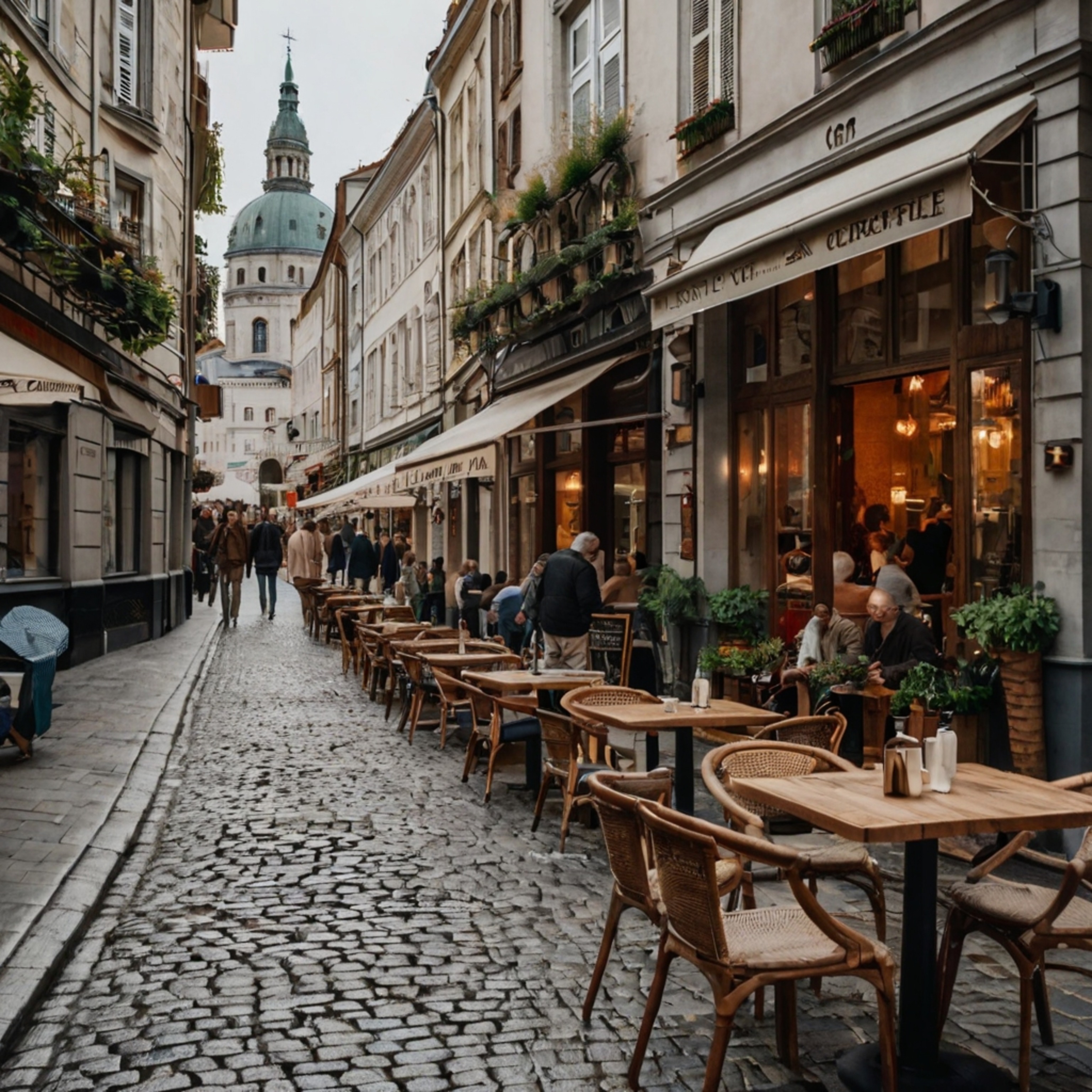 Experience the vibrant energy of a bustling European city street, characterized by its charming narrow cobblestone roads. Enj