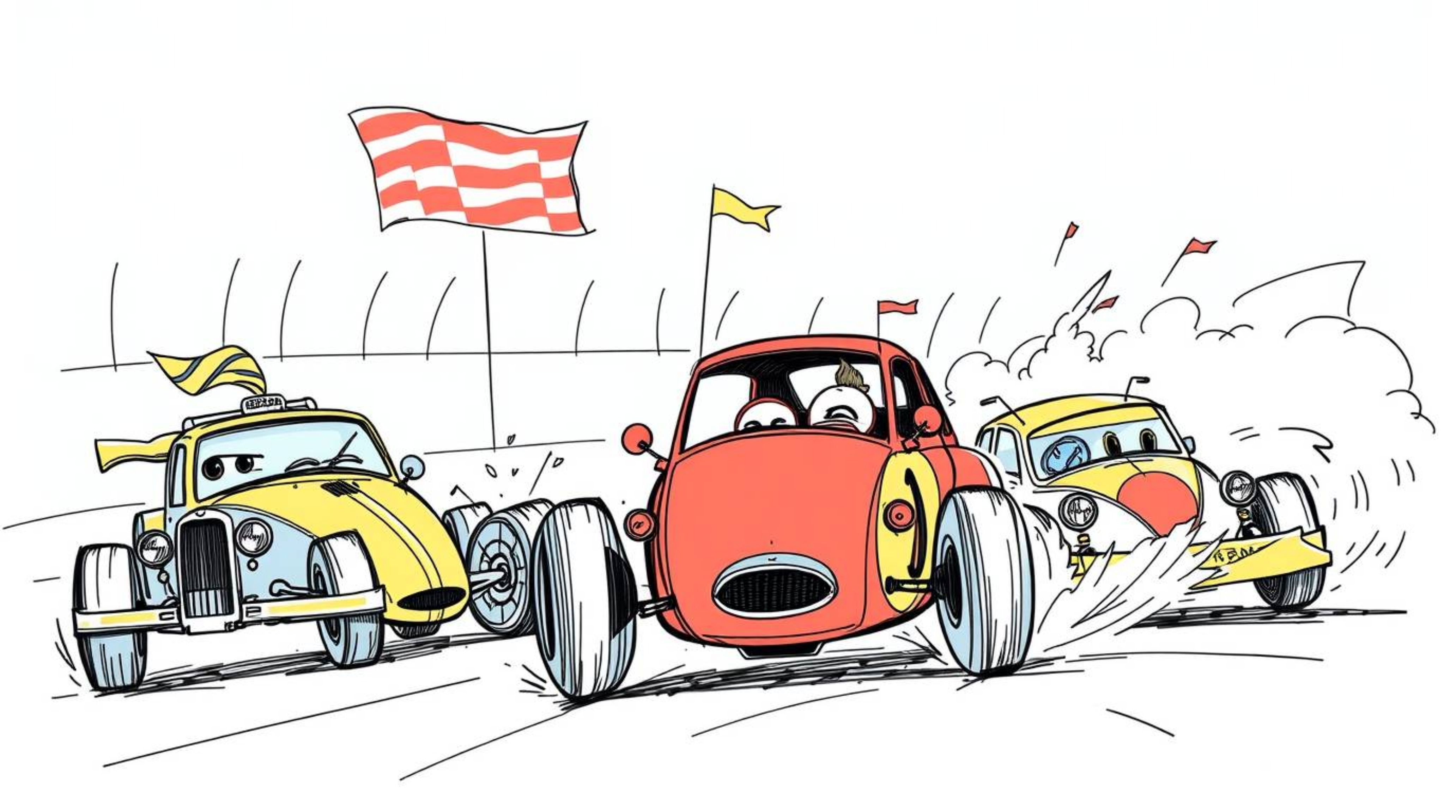 A vibrant, hand-drawn sketchnote depicts a chaotic and fun wacky racing scene. Featuring outlandish car designs, the illustra