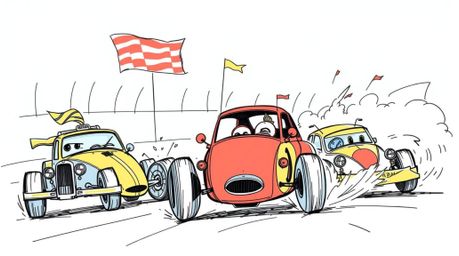 A vibrant, hand-drawn sketchnote depicts a chaotic and fun wacky racing scene. Featuring outlandish car designs, the illustra