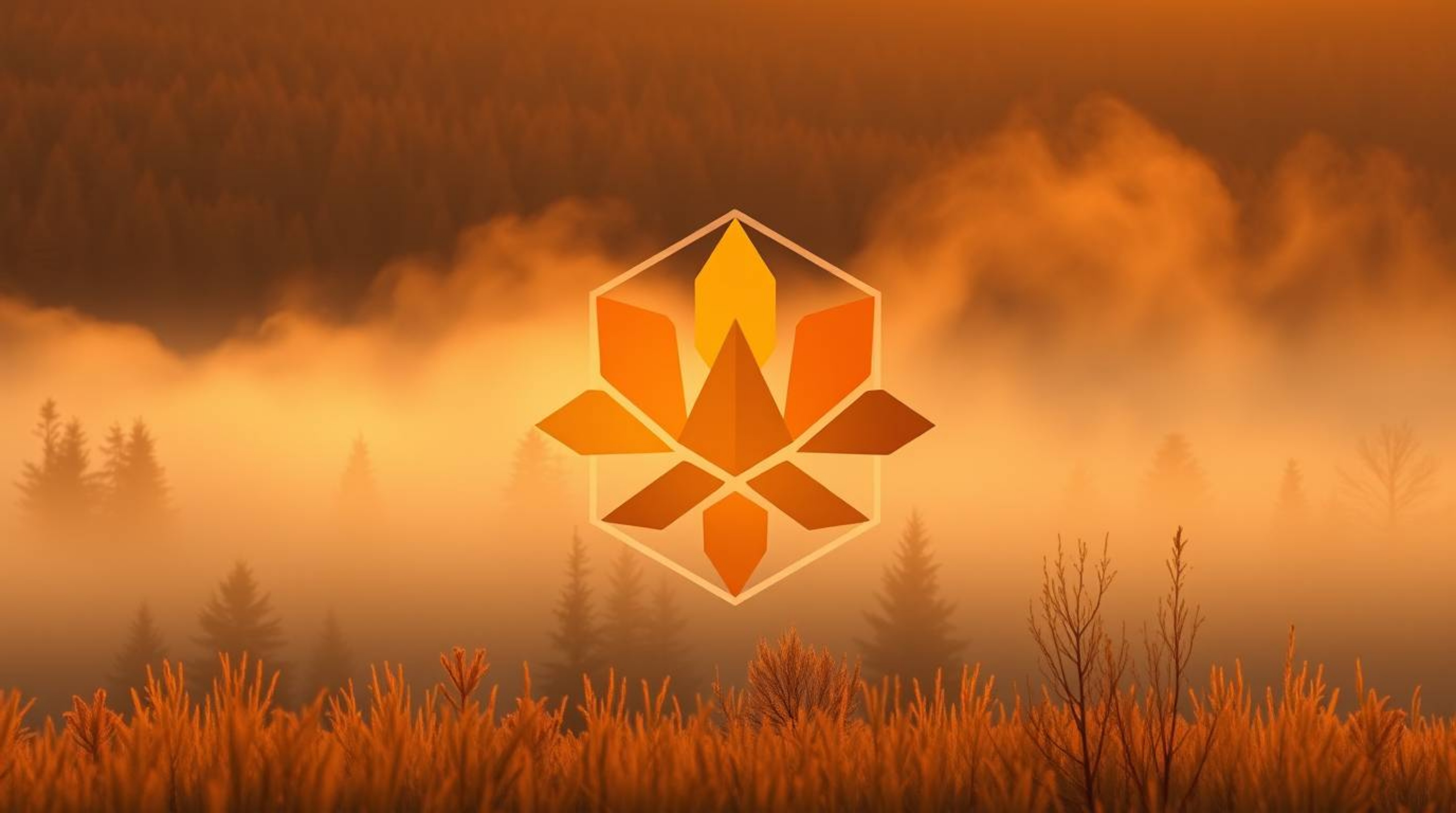 A captivating image featuring a geometric logo design, inspired by warm autumn colors and the ethereal beauty of mist rising 