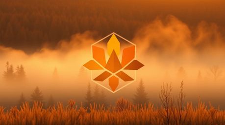 A captivating image featuring a geometric logo design, inspired by warm autumn colors and the ethereal beauty of mist rising 