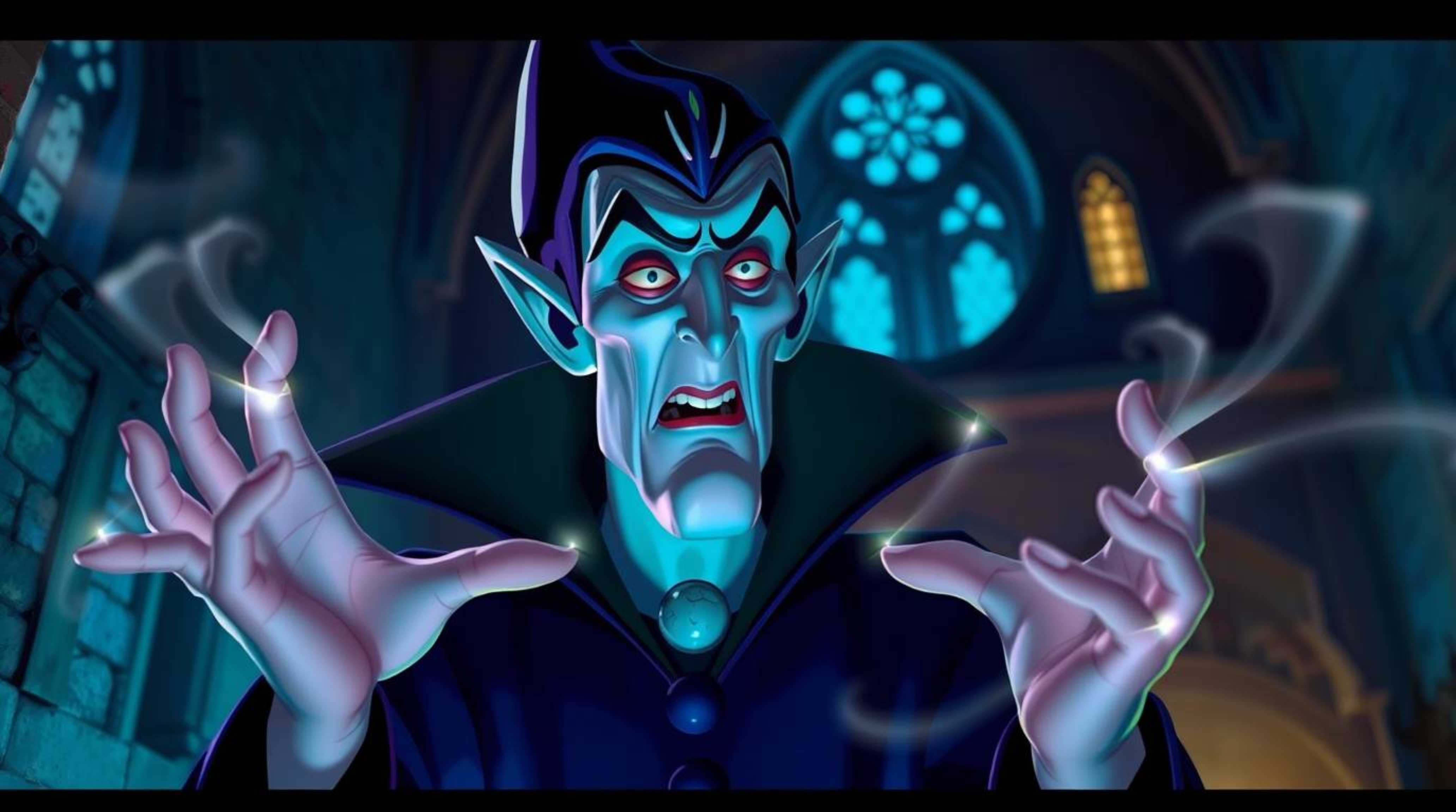 A captivating digital painting depicts a classic Disney villain with sharp features and pale skin, casting a spell within a g