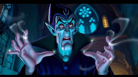 A captivating digital painting depicts a classic Disney villain with sharp features and pale skin, casting a spell within a g