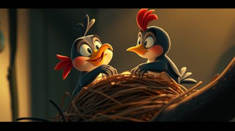 A captivating fine art photograph depicts two cartoon birds meticulously constructing a nest in a classic animation style. T